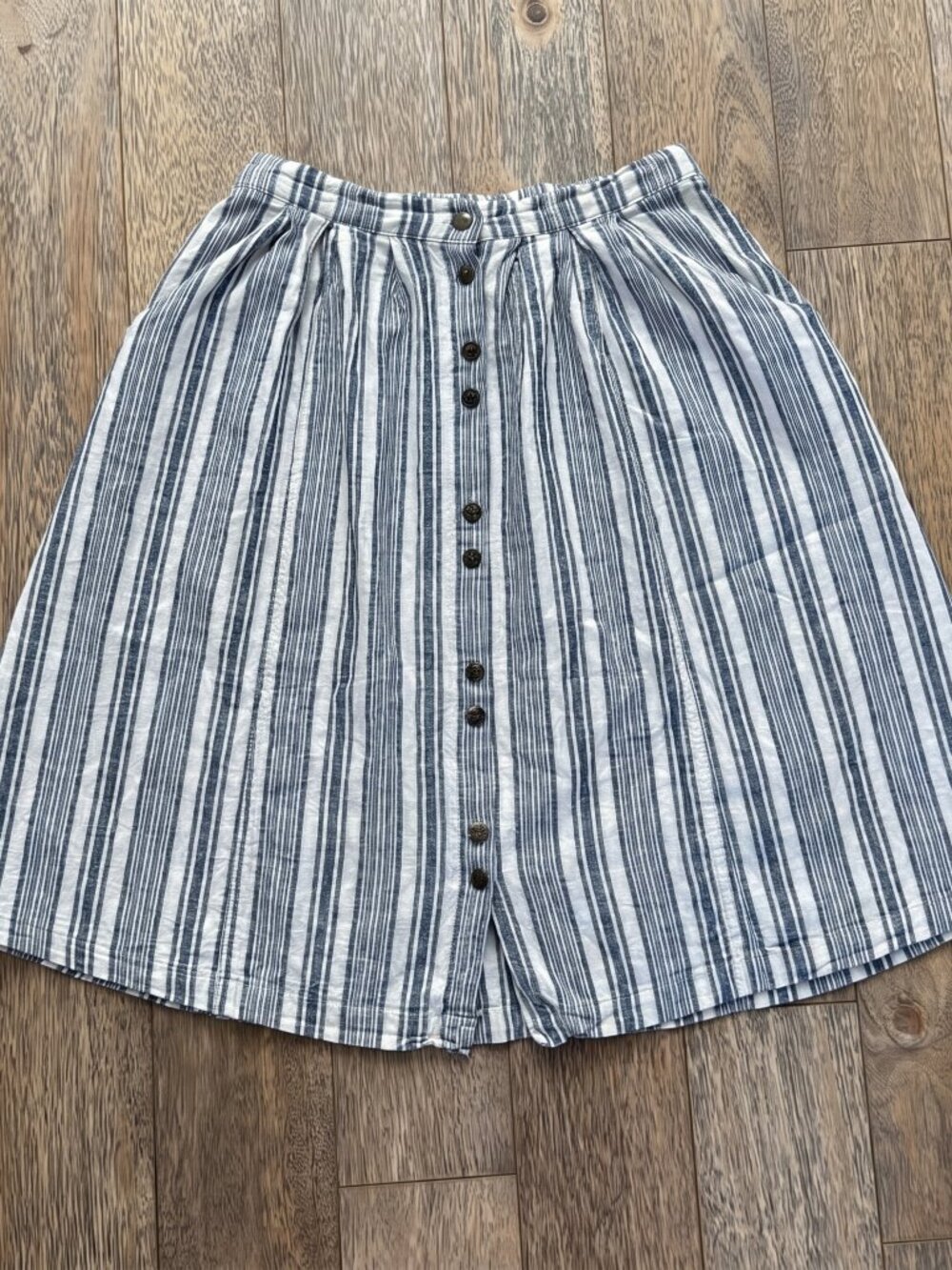 Striped Linen Blend Button-Front Midi Skirt S Blue White